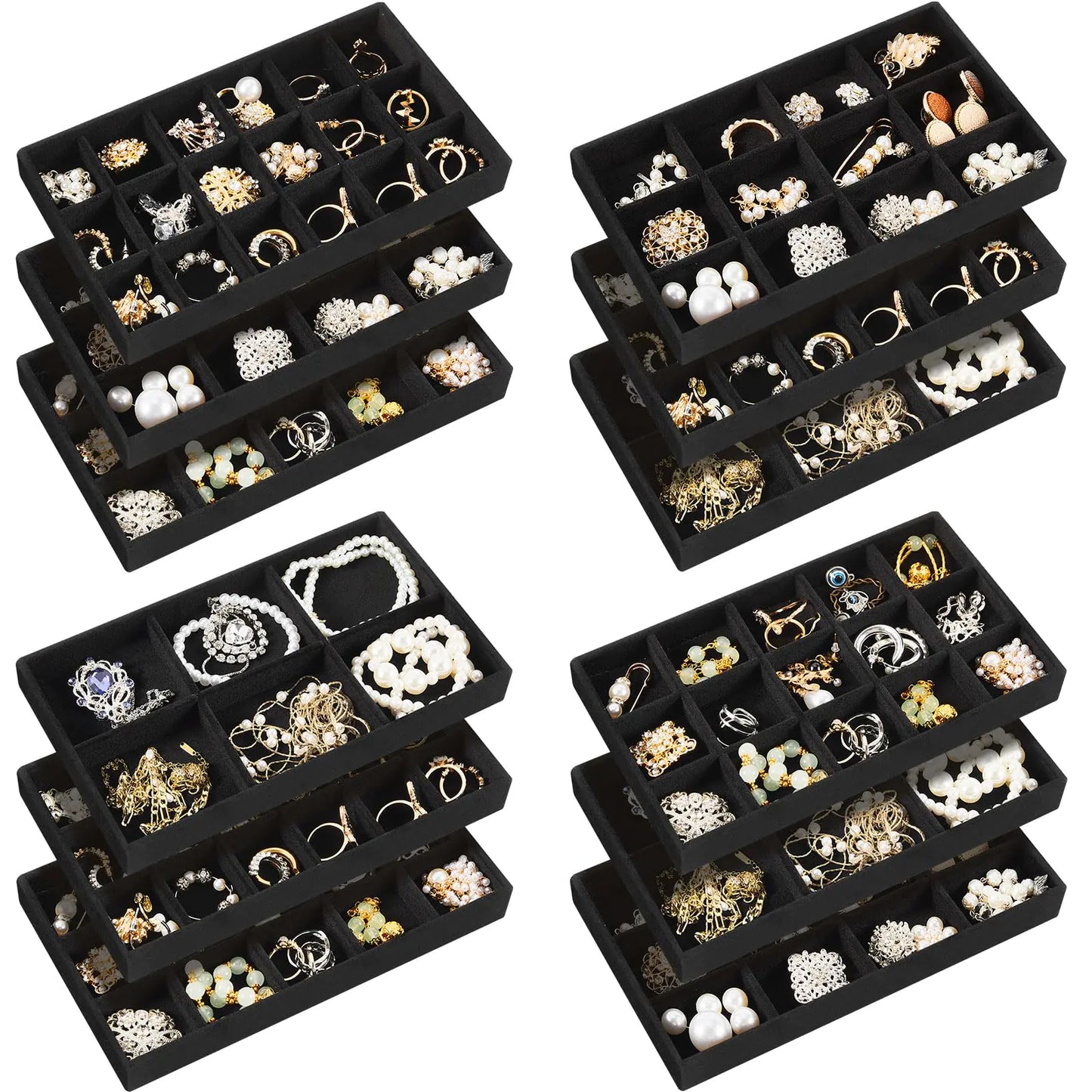 Junkin 12 Pcs Jewelry Tray Velvet Stackable Jewelry Organizer Trays Divided Earring Organizer Jewelry Storage Containers Box (Black)