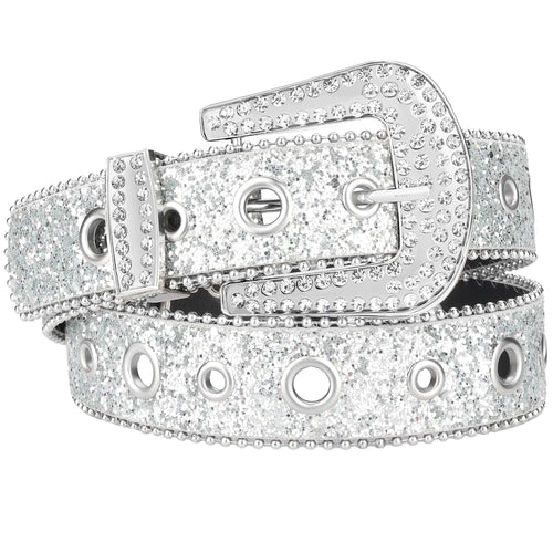 macoking Rhinestone Diamond Belt Silver Grommet Belt Bling Belts for Women Jeans Pants M