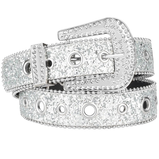 macoking Rhinestone Diamond Belt Silver Grommet Belt Bling Belts for Women Jeans Pants M