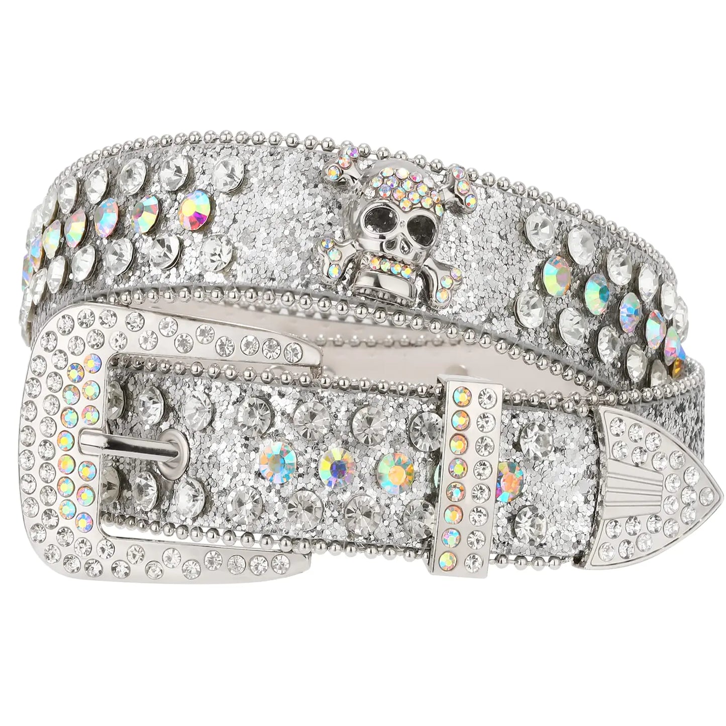 SUOSDEY Skull Rhinestone Belt for Men Women Sparkly Bling Diamond Sequin Studded Belt Western Cowgirl Cowboy Belt Silver