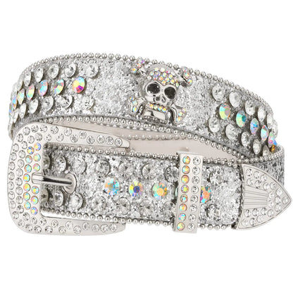 SUOSDEY Skull Rhinestone Belt for Men Women Sparkly Bling Diamond Sequin Studded Belt Western Cowgirl Cowboy Belt Silver