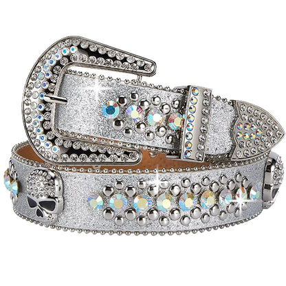 Rhinestone Belt for Men and Women Western Cowgirl Cowboy Bling Studded Diamond Belt Faux Leather Belt for Jeans Pants Dress (Silver Size M)