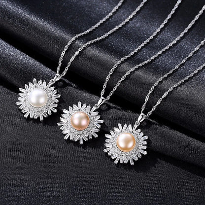 Pearl Necklace, Sterling Silver Necklace, Snowflake Pendant
