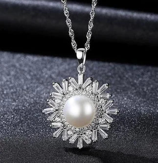 Pearl Necklace, Sterling Silver Necklace, Snowflake Pendant