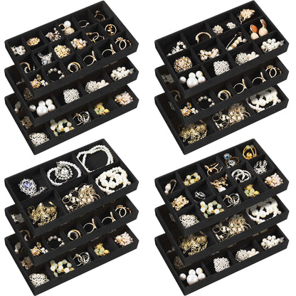 Junkin 12 Pcs Jewelry Tray Velvet Stackable Jewelry Organizer Trays Divided Earring Organizer Jewelry Storage Containers Box (Black)
