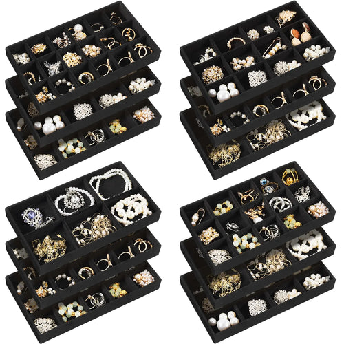 Junkin 12 Pcs Jewelry Tray Velvet Stackable Jewelry Organizer Trays Divided Earring Organizer Jewelry Storage Containers Box (Black)