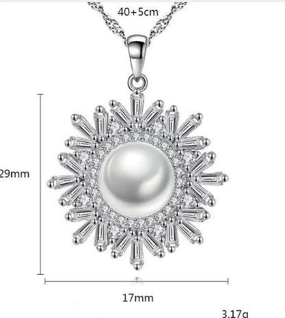 Pearl Necklace, Sterling Silver Necklace, Snowflake Pendant