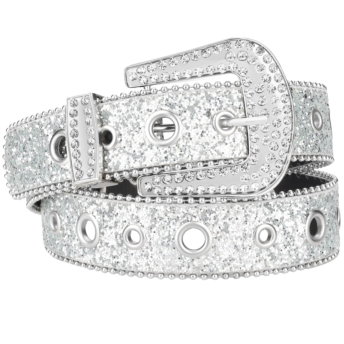 macoking Rhinestone Diamond Belt Silver Grommet Belt Bling Belts for Women Jeans Pants M