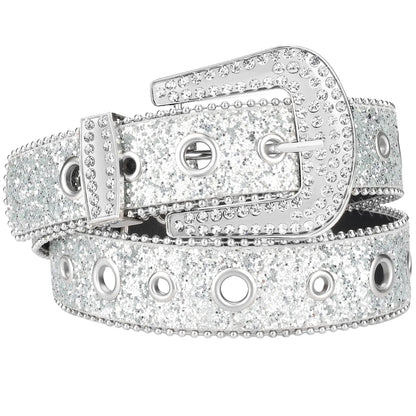 macoking Rhinestone Diamond Belt Silver Grommet Belt Bling Belts for Women Jeans Pants M
