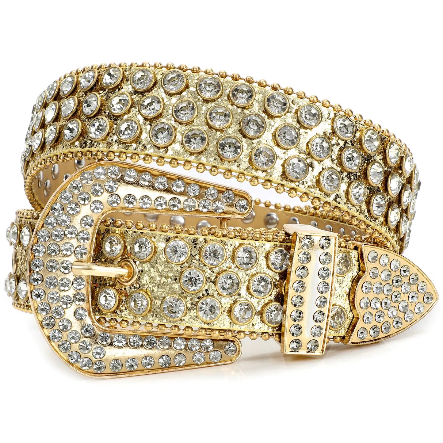 XZQTIVE Rhinestone Studded Western Leather Belt Men Women Vintage Cowgirl Cowboy Bling Design Crystal Diamond Waist Belts for Pants Jeans Dress(4-Gold Fit waist 34-36 inch)