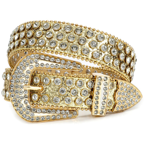 XZQTIVE Rhinestone Studded Western Leather Belt Men Women Vintage Cowgirl Cowboy Bling Design Crystal Diamond Waist Belts for Pants Jeans Dress(4-Gold Fit waist 34-36 inch)